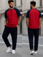 Erkek Kısa Kollu Pijama Takımı Yarım Dügmeli Üst Kırmızı Altı Lacivert