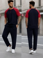 Erkek Kısa Kollu Pijama Takımı Yarım Dügmeli Üst Lacivert Kol kırmızı