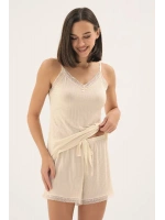 İnce Askılı Fitilli Şortlu Pijama takımı Ekru