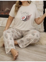 Kadın büyük beden bej rengi Hindistan ceviz desenli pijama takımı