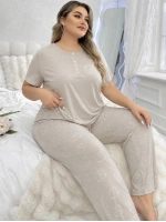 Kadın büyük beden taş rengi ayıcıklı pijama takımı
