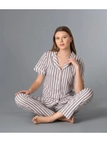 Kadın çizgili boydan düğmeli gri  pijama takımı