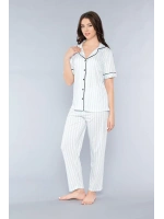 Kadın çizgili boydan düğmeli mavi pijama takımı
