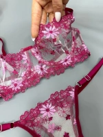 Kadın fantezi fuşya pembe çiçek desenli transparan iççamaşırı takımı