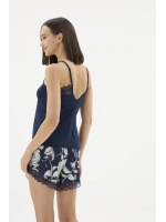 Kadın İnce Askılı Dantel Detaylı Çiçek Desenli Lacivert Şortlu Pijama Takımı