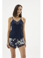 Kadın İnce Askılı Dantel Detaylı Çiçek Desenli Lacivert Şortlu Pijama Takımı