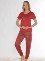 Kadın kırmızı viskon ekose desenli pijama takımı