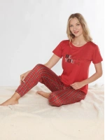 Kadın kırmızı viskon ekose desenli pijama takımı