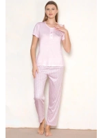 Kadın kısa kollu altı uzun kalp desenli pembe pijama takımı