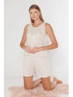 Kadın kolsuz şortlu taş rengi ayıcıklı pijama takımı