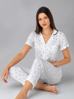 Kadın komple düğmeli beyaz siyah benek detaylı pijama takımı