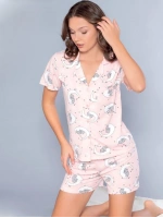 Kadın komple düğmeli şortlu pembe pijama takımı