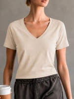 Kadın V yaka Bej T-shirt %100 pamuk