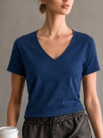 Kadın V yaka Lacivert T-shirt %100 pamuk