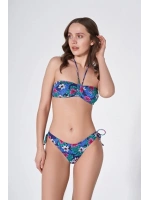 Mavi Çiçek desenli boyundan bağlamanız straplez bikini takımı