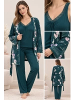 Yeşil çiçek desenli 3lü pijama-sabahlık seti