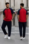 Erkek Kısa Kollu Pijama Takımı Yarım Dügmeli Üst Kırmızı Altı Lacivert