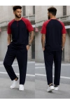 Erkek Kısa Kollu Pijama Takımı Yarım Dügmeli Üst Lacivert Kol kırmızı