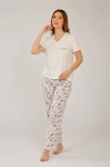 Taş rengi v yaka yumuşak dokulu pijama takımı