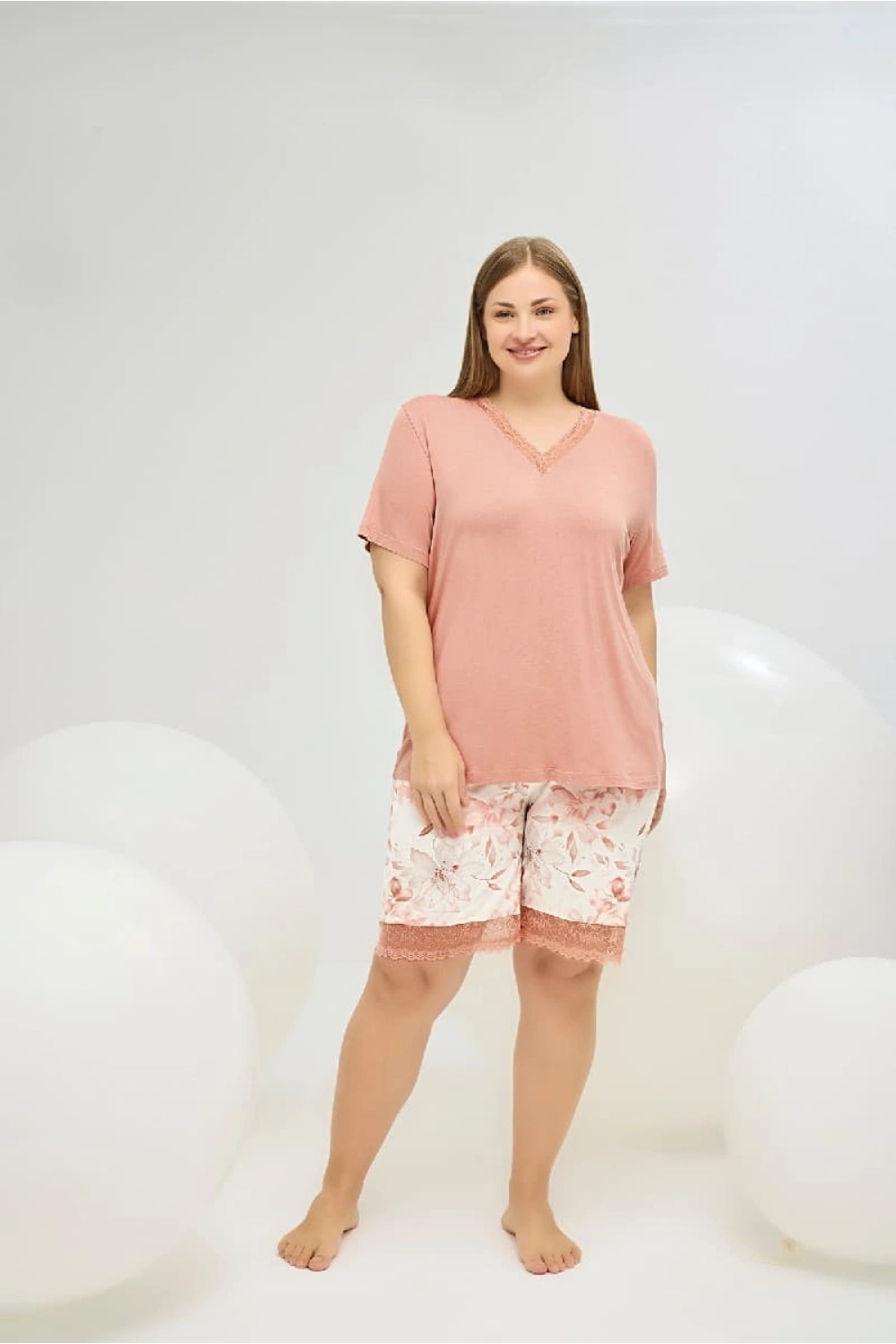 Büyük Beden Dantel detaylı Şortlu Pijama Takımı Somon renk