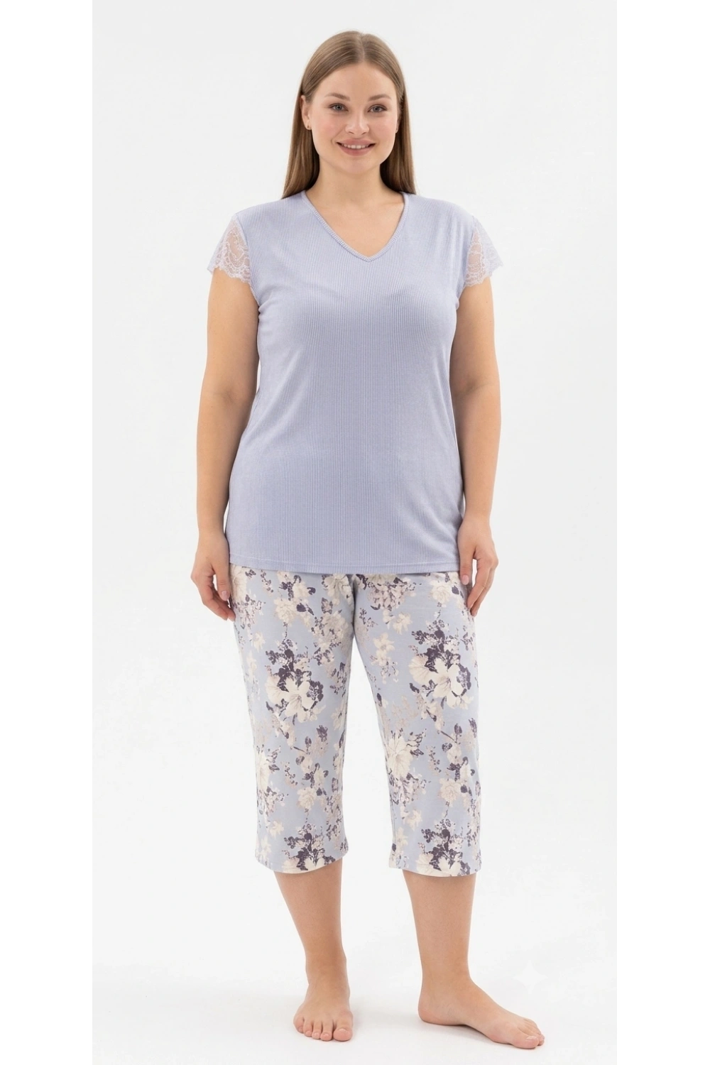 Büyük beden lila kaprili pijama takımı