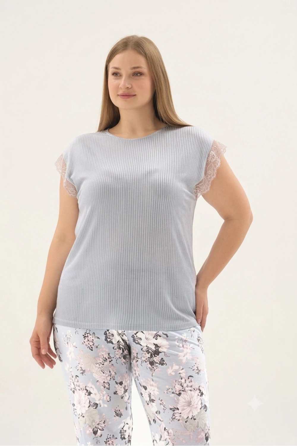 Büyük beden lila kaprili pijama takımı