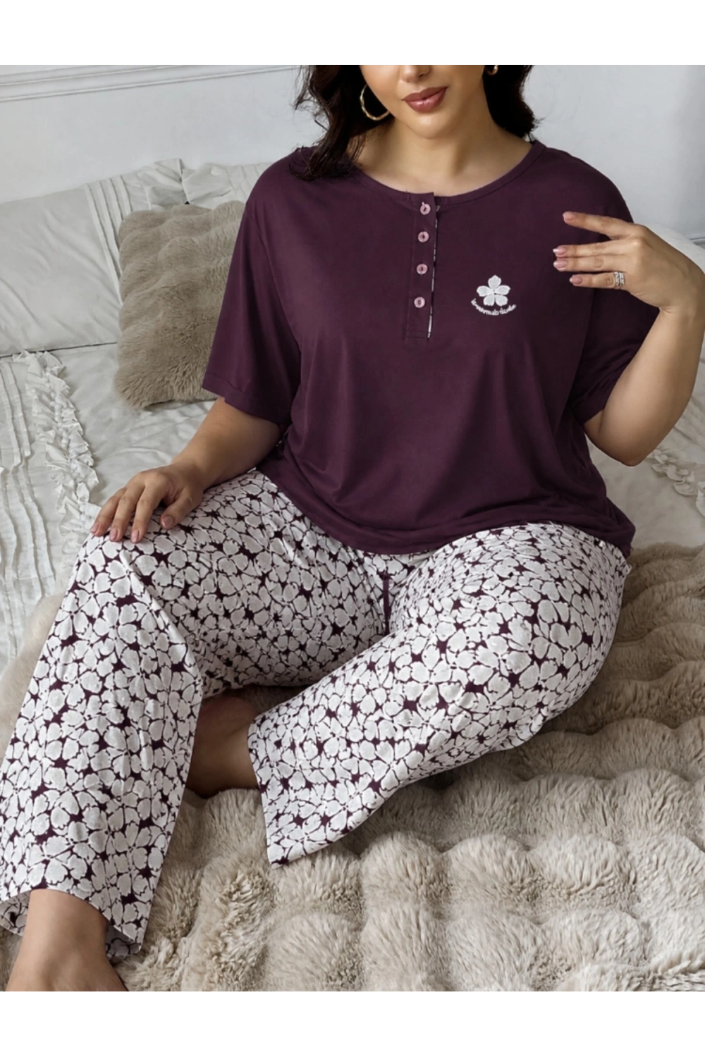 Büyük beden mor üç düğmeli %100 pamuk kadın pijama takımı
