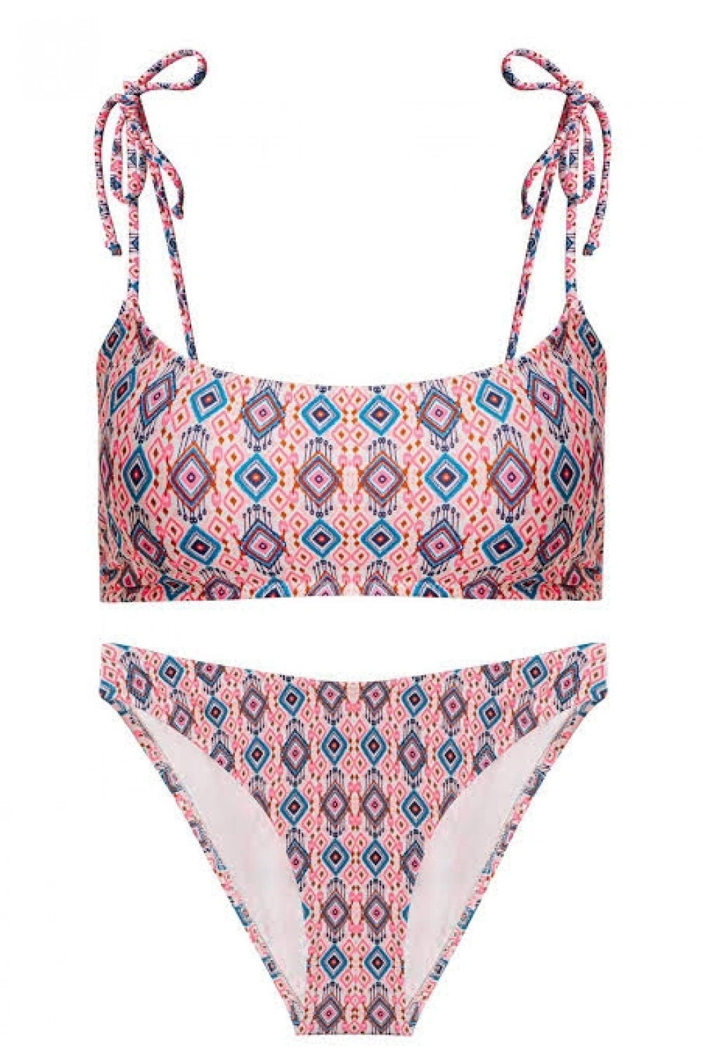 Desenli omuzdan bağlamalı bikini takımı