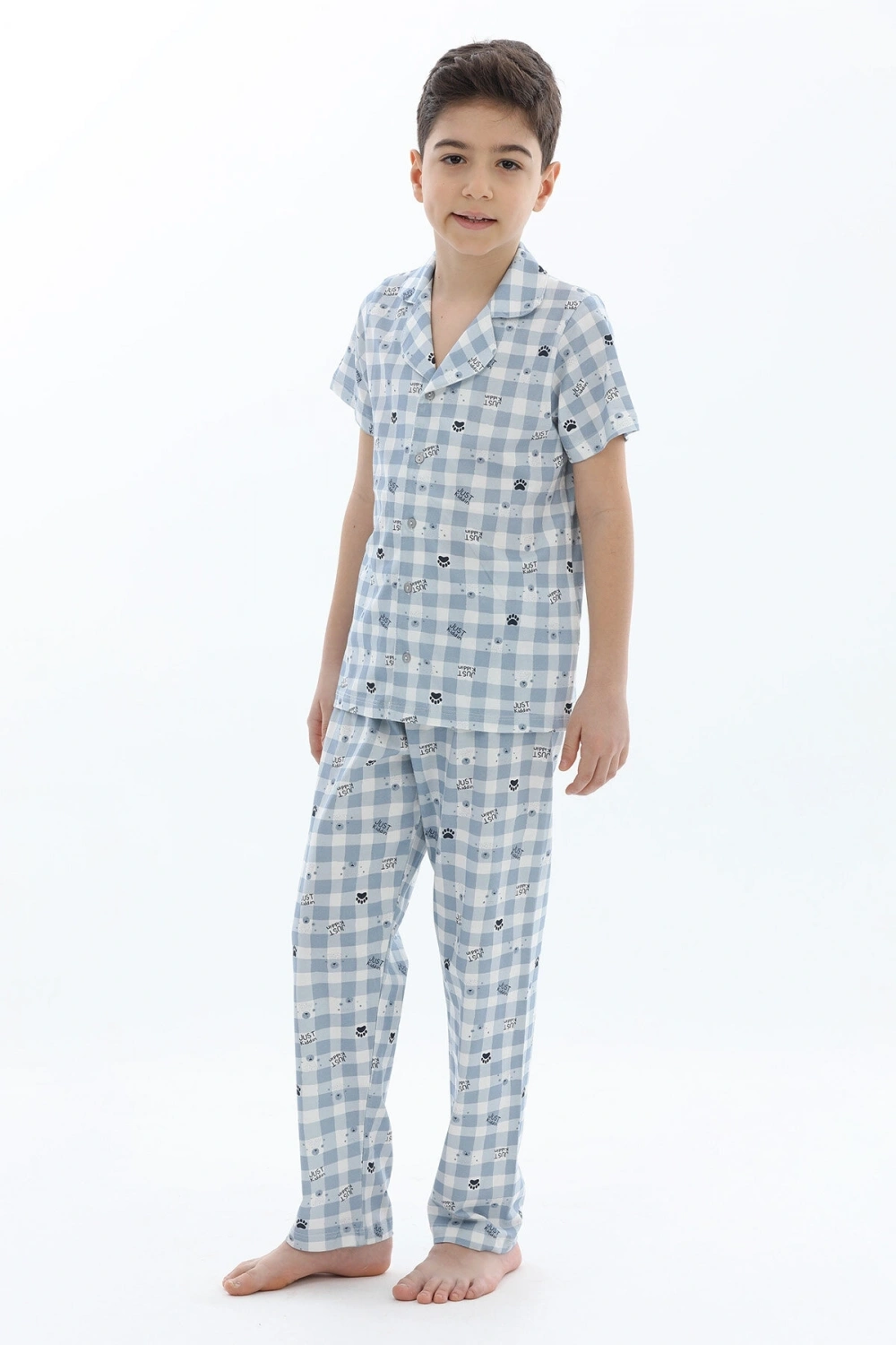 Erkek Çocuk kareli mavi Pijama Takım