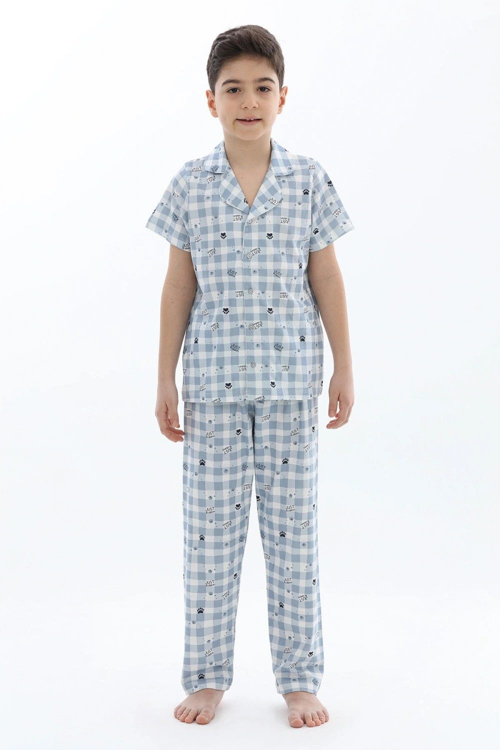 Erkek Çocuk kareli mavi Pijama Takım
