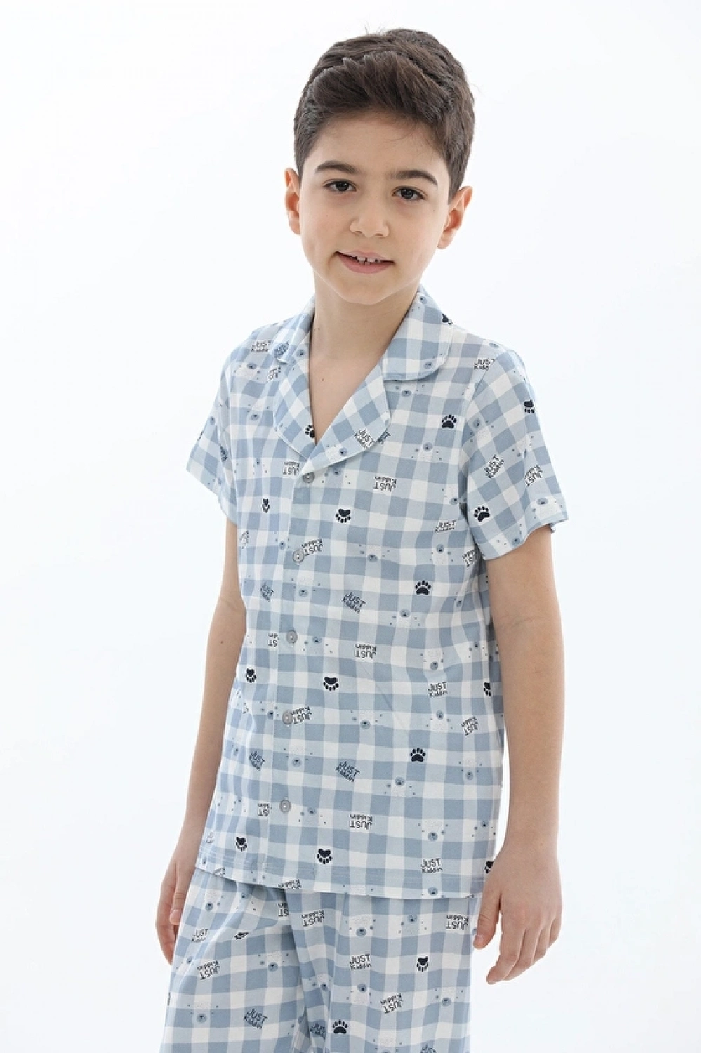 Erkek Çocuk kareli mavi Pijama Takım
