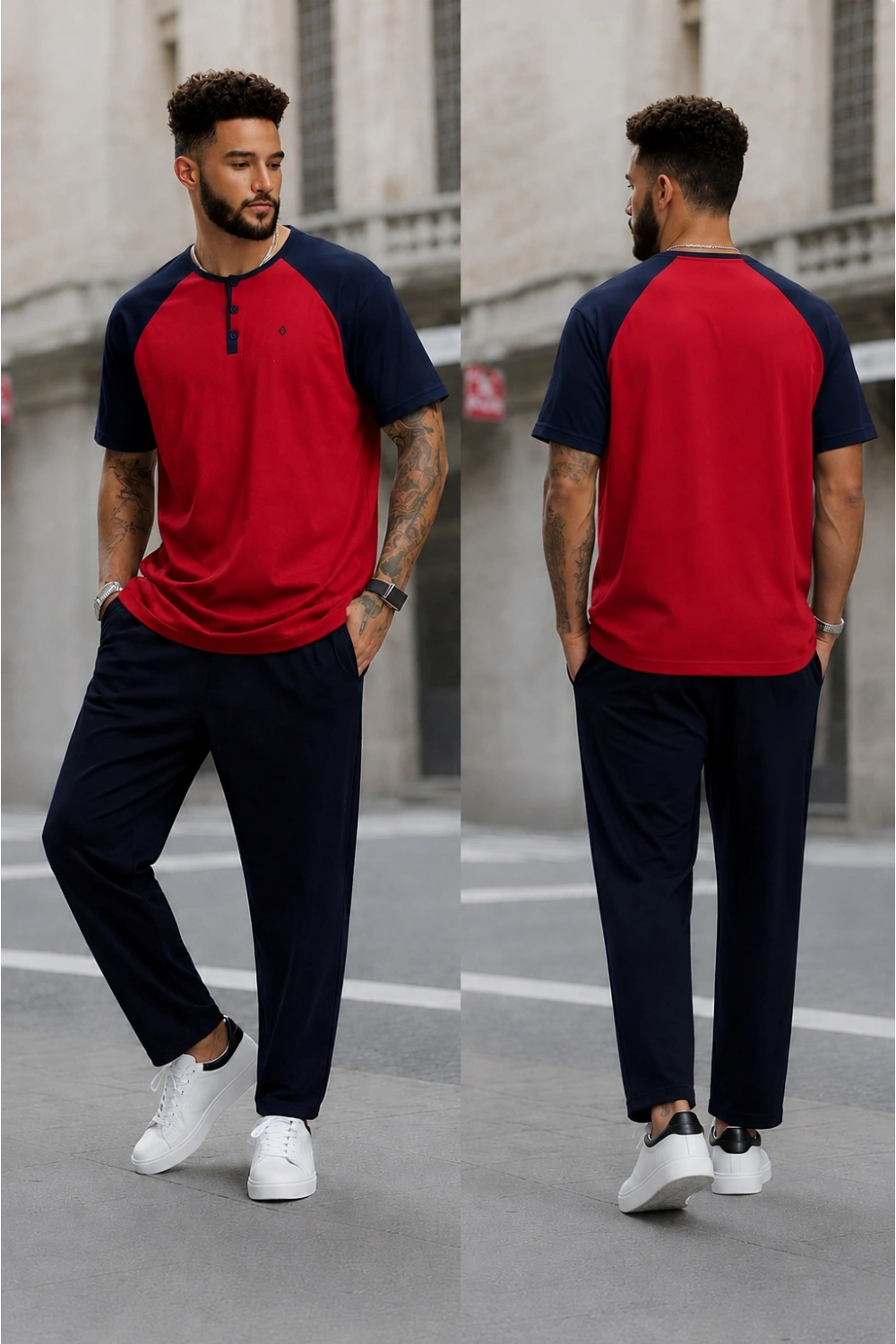 Erkek Kısa Kollu Pijama Takımı Yarım Dügmeli Üst Kırmızı Altı Lacivert