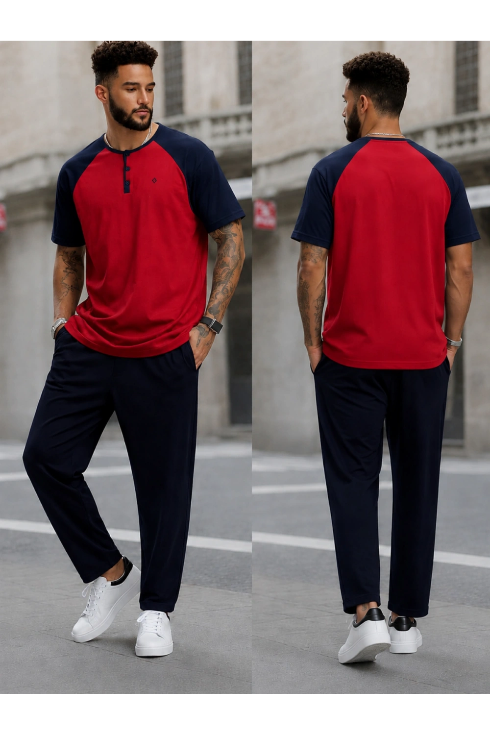 Erkek Kısa Kollu Pijama Takımı Yarım Dügmeli Üst Kırmızı Altı Lacivert
