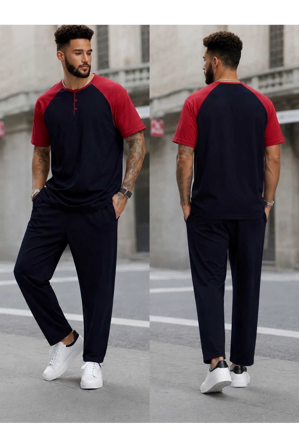 Erkek Kısa Kollu Pijama Takımı Yarım Dügmeli Üst Lacivert Kol kırmızı