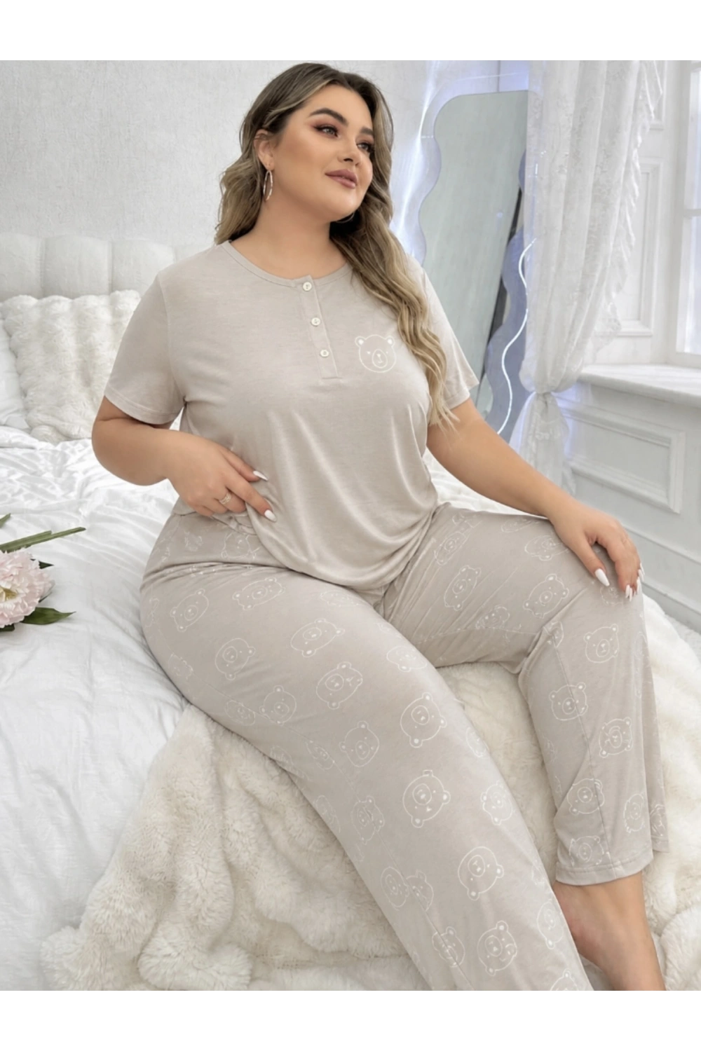 Kadın büyük beden taş rengi ayıcıklı pijama takımı