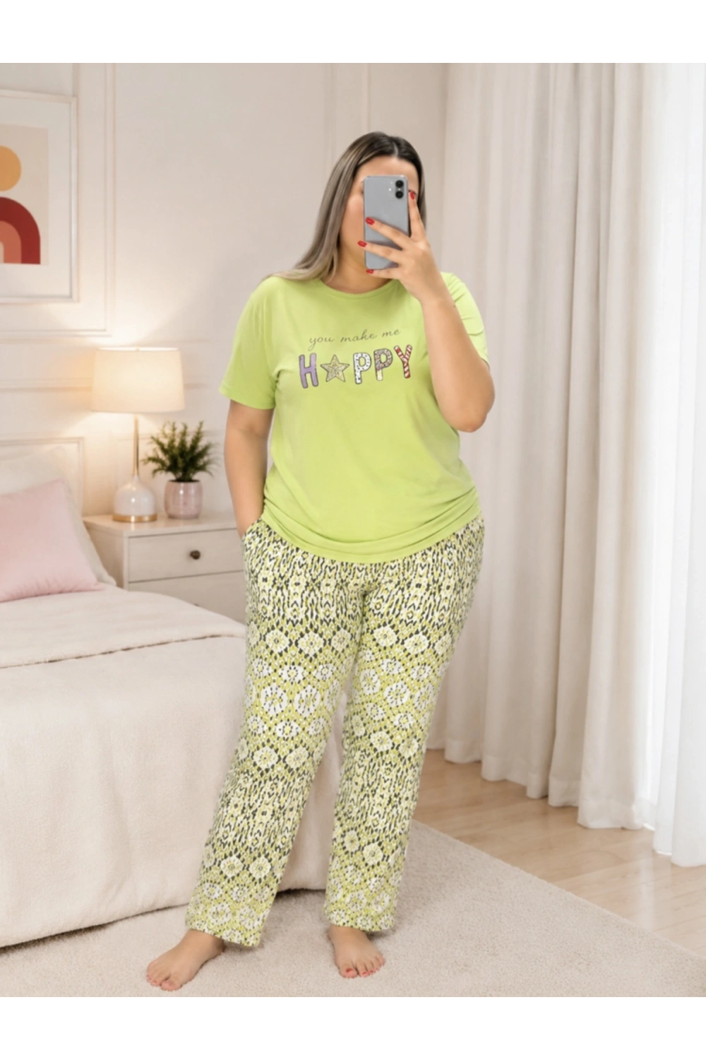Kadın büyük beden yeşil desenli yumuşak dokulu pijama takımı