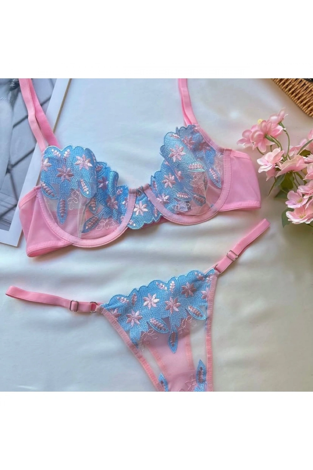 Kadın fantezi pembe mavi transparan iççamaşırı takımı