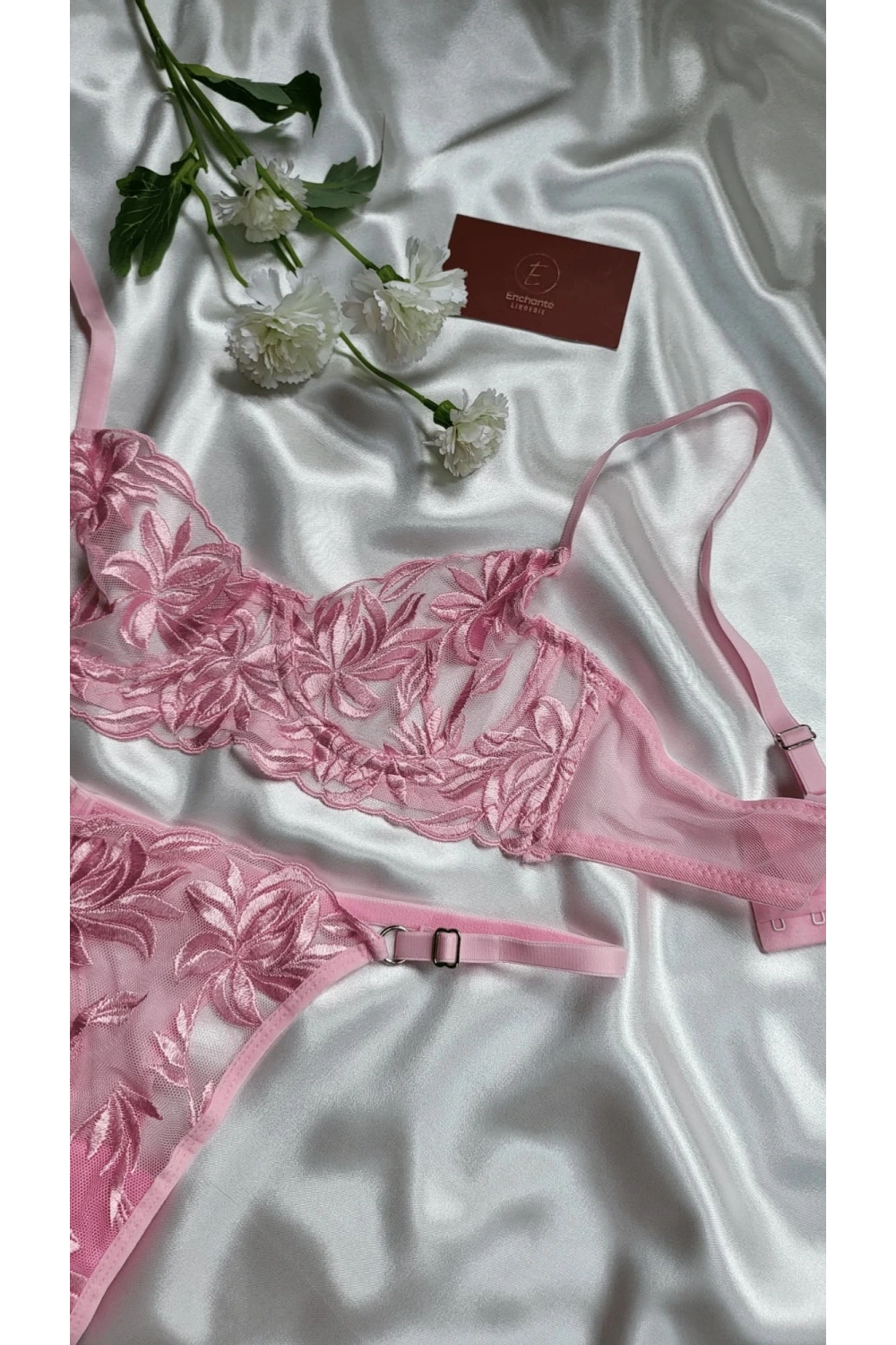 Kadın fantezi tozpembe transparan iç çamaşırı takımı