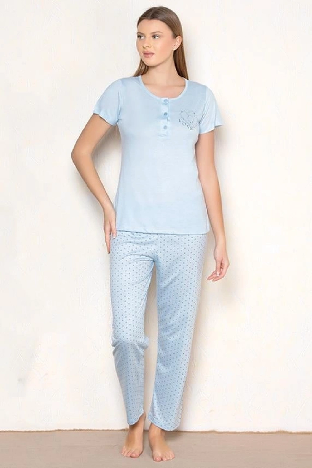 Kadın kısa kollu altı uzun kalp desenli mavi  pijama takımı