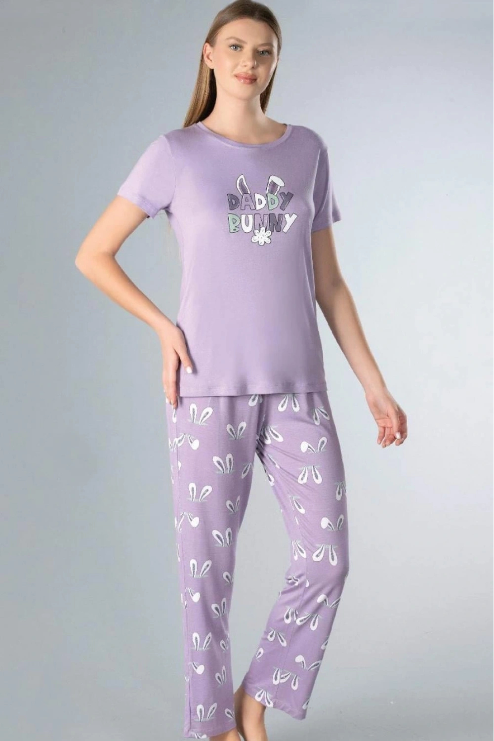 KADIN KISA KOLLU DADDY BUNNY YAZILI MOR PİJAMA TAKIMI