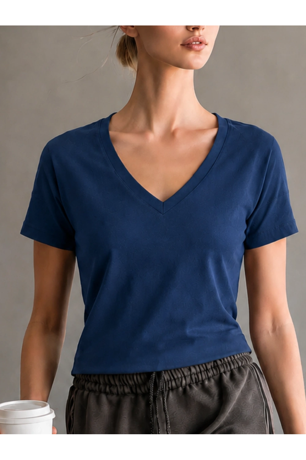 Kadın V yaka Lacivert T-shirt %100 pamuk