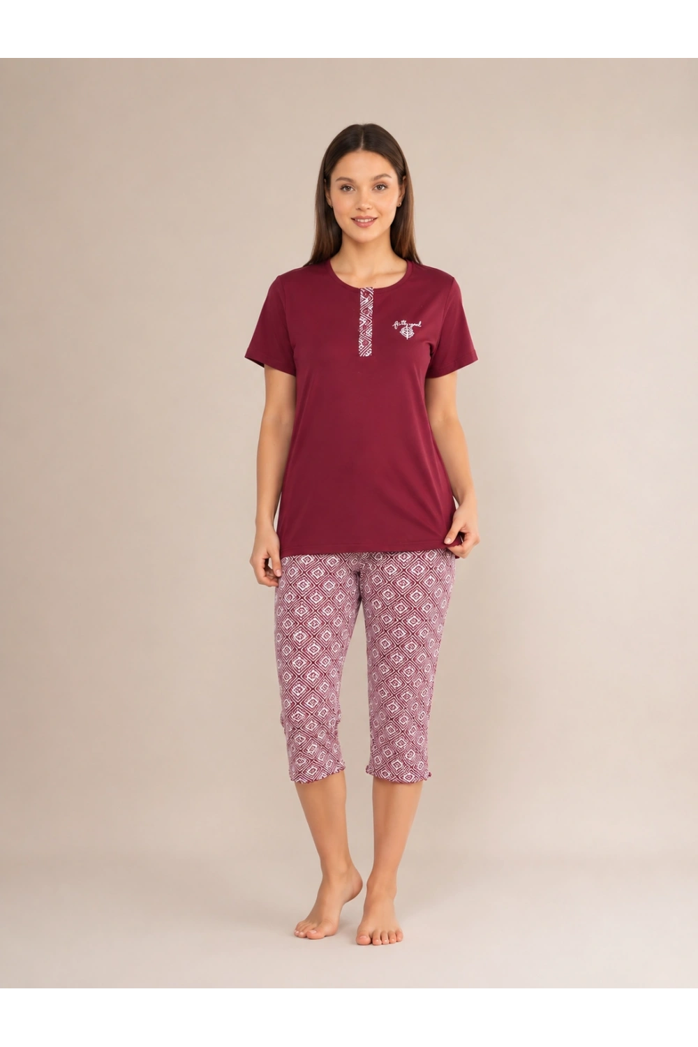 Kaprili bordo  %100 pamuk kadın pijama takımı
