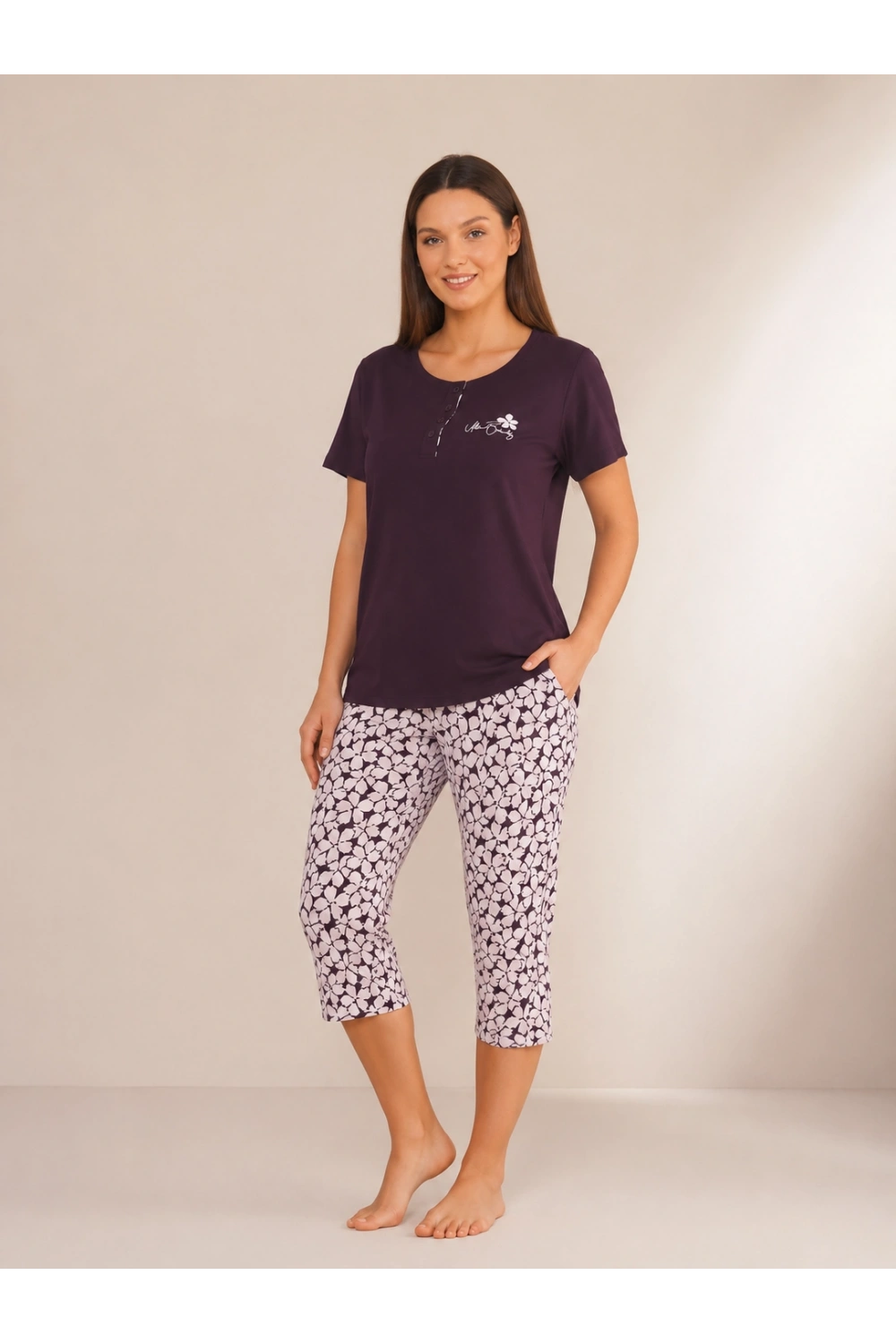 Kaprili mor %100 pamuk kadın pijama takımı