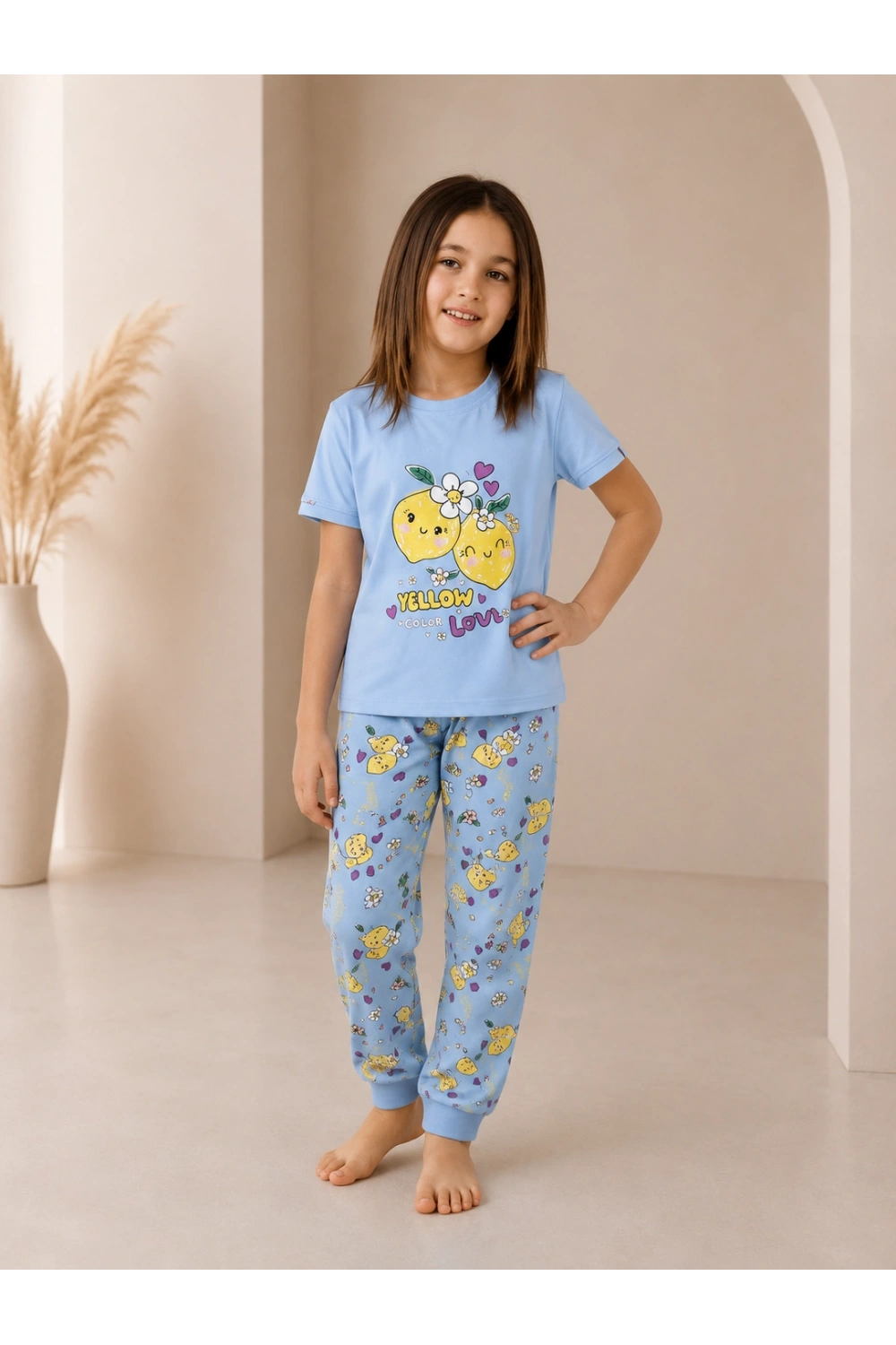 Kız çocuk limon desenli mavi pijama takımı