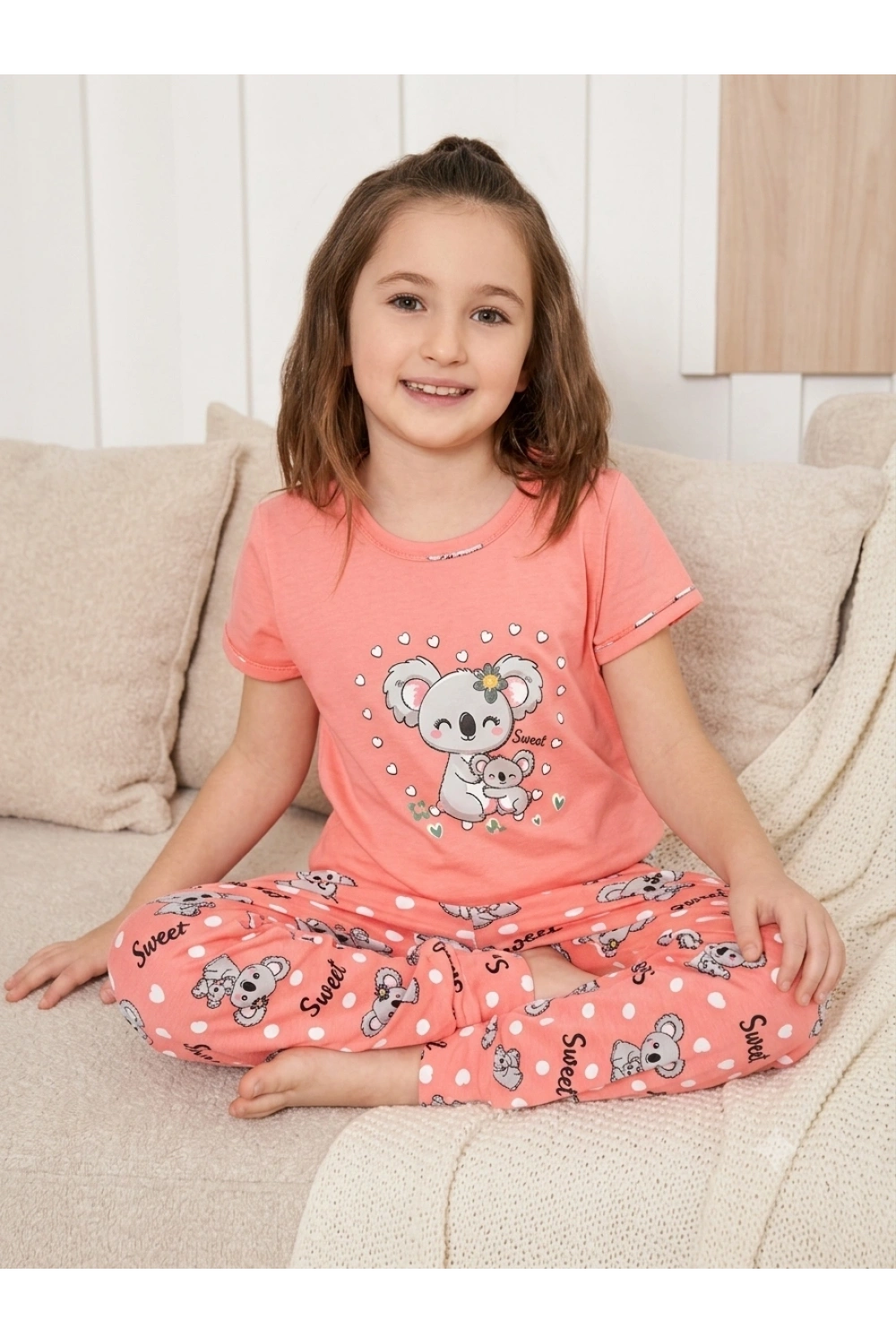 Kız çocuk pembe kuala desenli pijama takımı