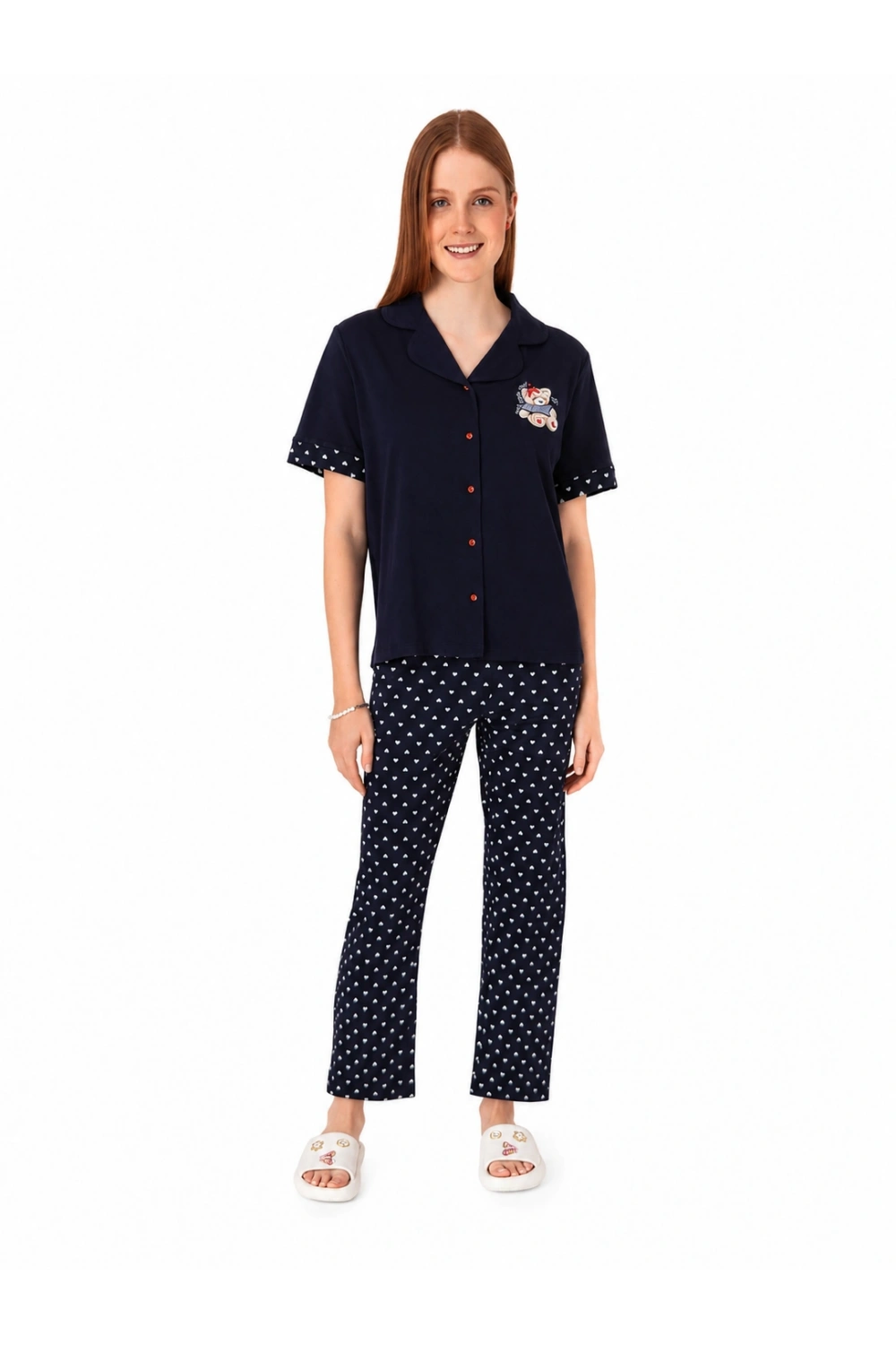 Lacivert ayıcık detaylı önden düğmeli pijama takımı
