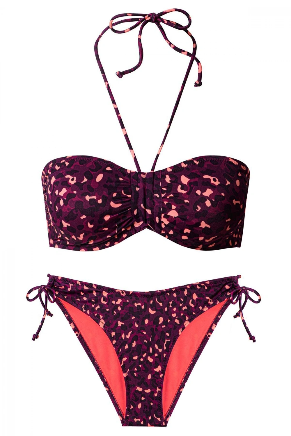 Leopar desenli straplez boyundan bağlamalı bikini takımı