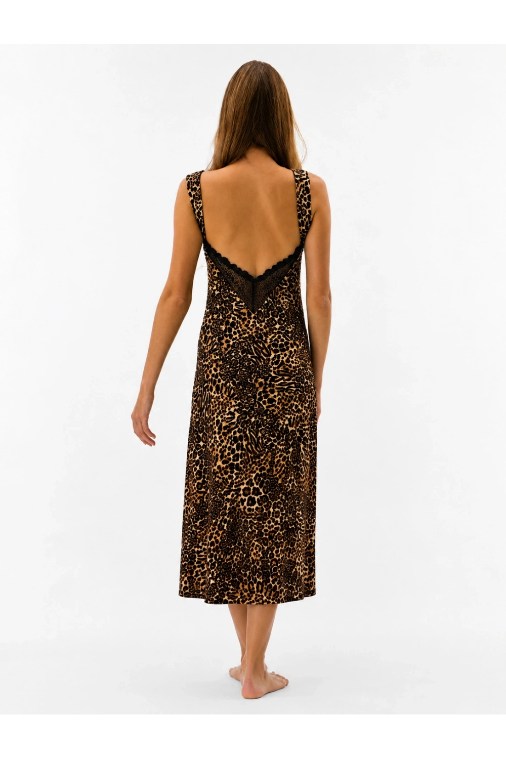 Leoparlı dantel detaylı uzun gecelik