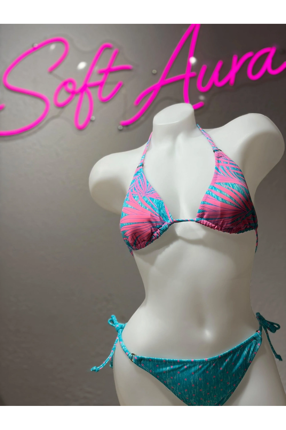 Mavi pembe desenli bikini takımı