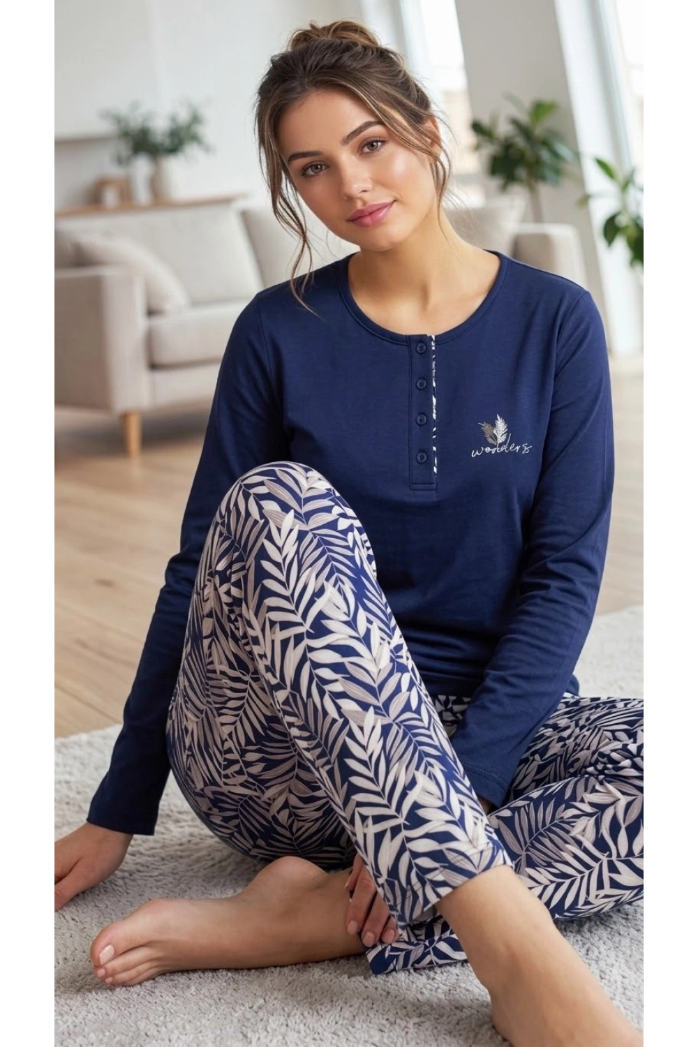Melodi lacivert altı desenli pamuklu pijama takımı